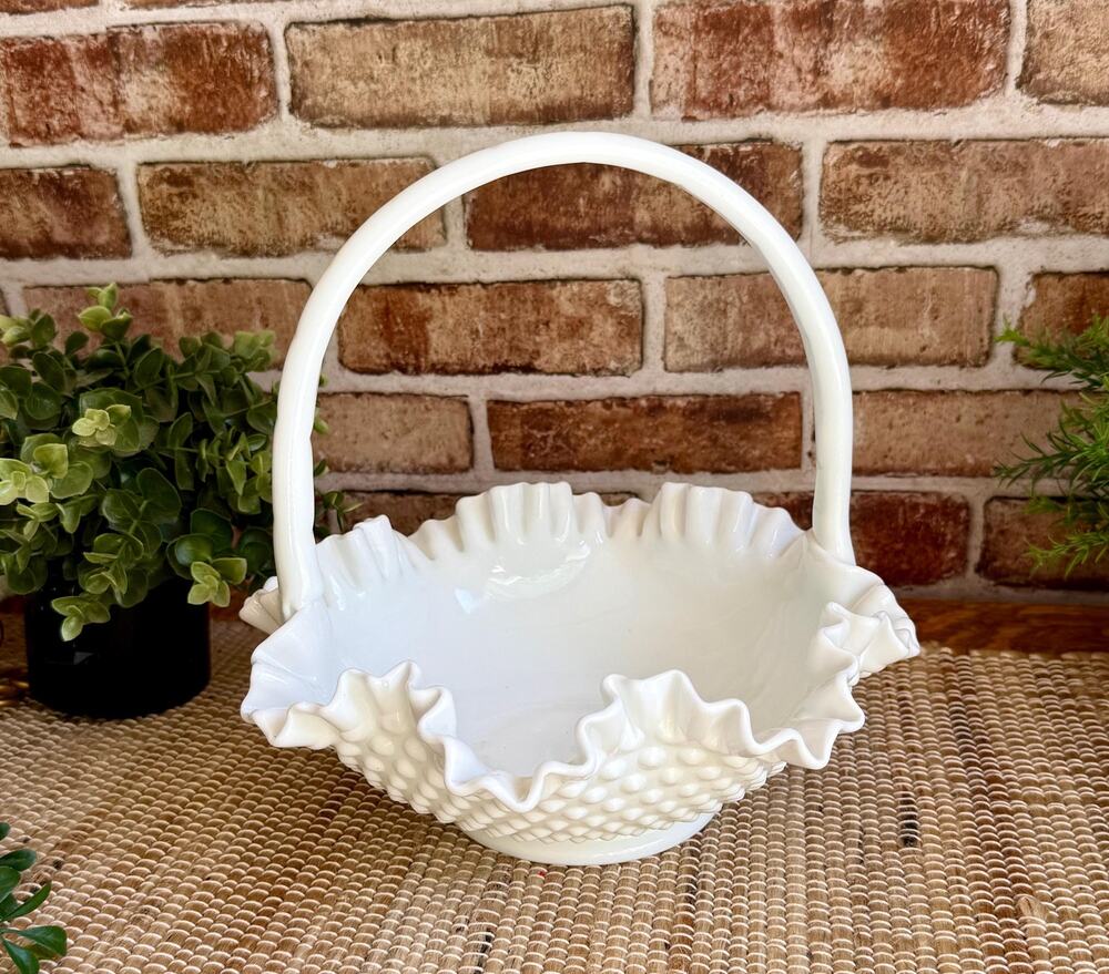 Vintage Fenton Hobnail Milk Glass Basket | 1970s Ruffled Edge Handled Basket